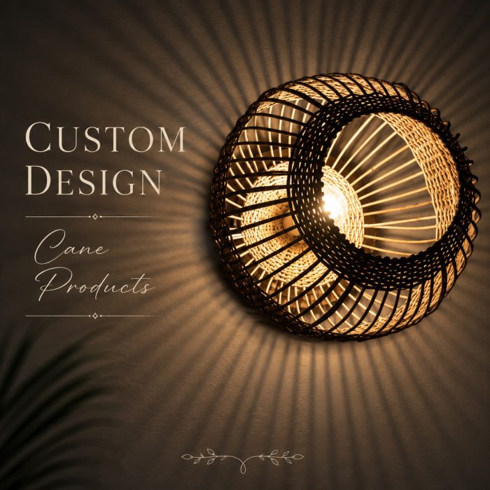 Handcrafted cane wall light with sculptural circular weave casting dramatic ambient shadow patterns