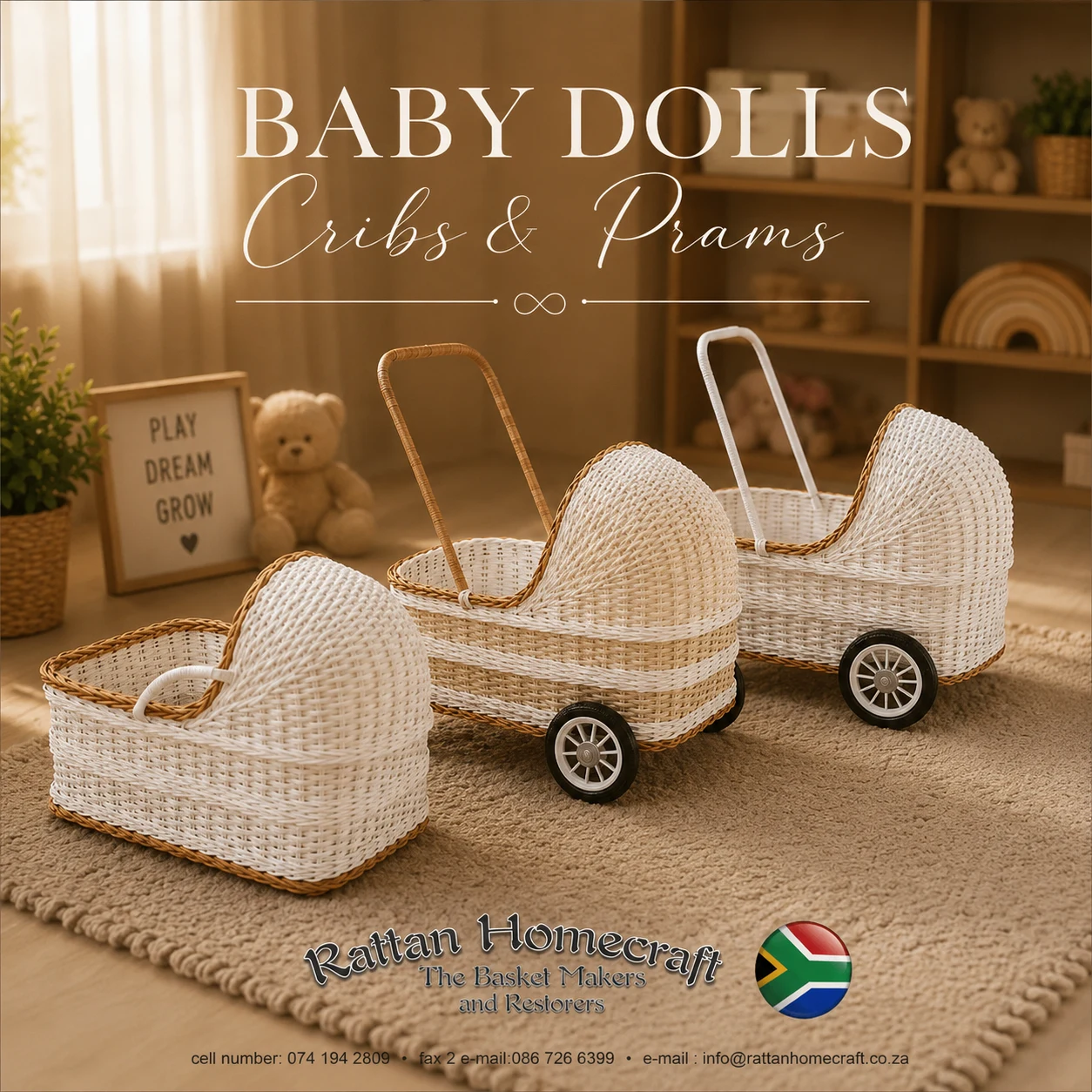 Handcrafted baby dolls cribs and prams by Rattan Homecraft displayed in a warm nursery setting with woven wicker detailing and timeless handcrafted design.