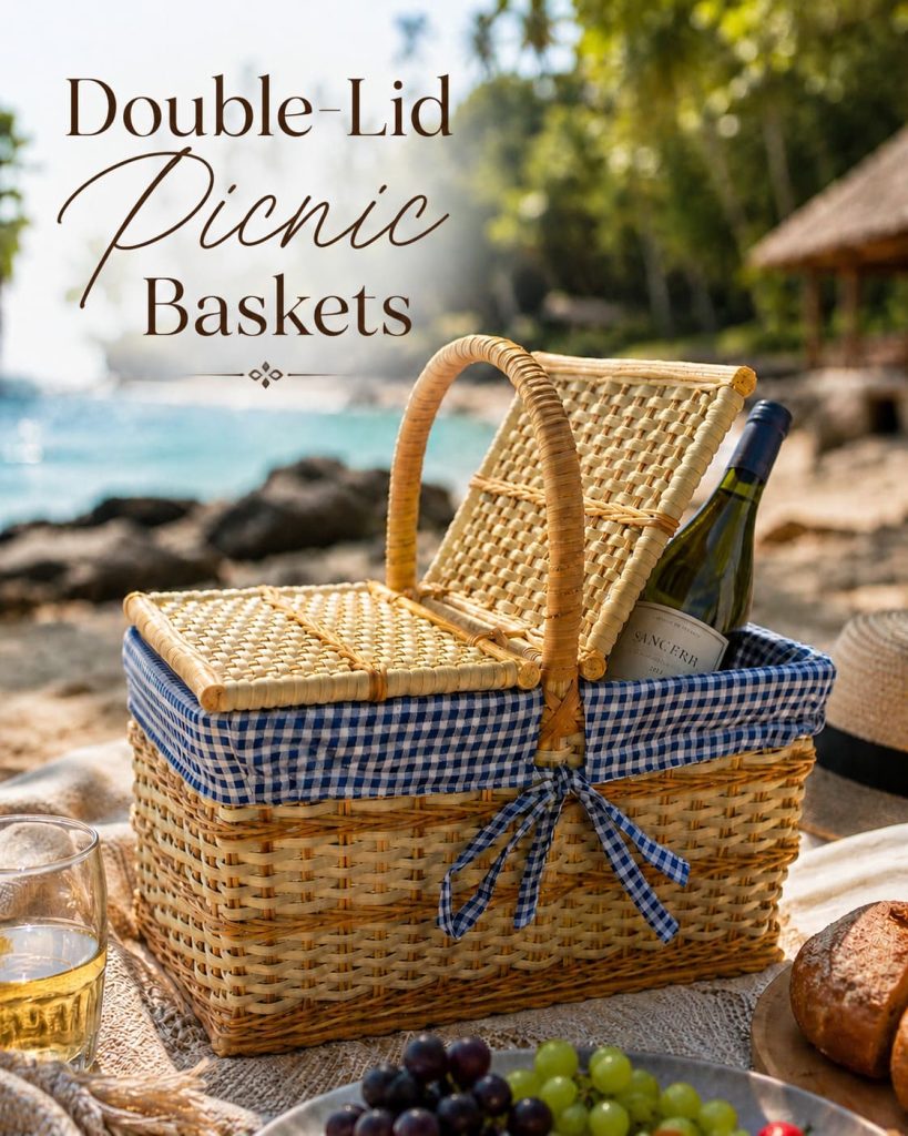 Picnic basket in handwoven rattan with dual-lid weave detail, rectangular form and blue gingham lining on white background