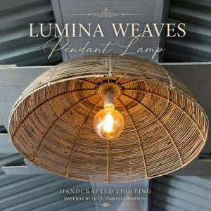 Handcrafted rattan pendant lampshades with warm woven glow suspended above an elegant restaurant setting