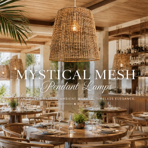 Mystical Mesh handcrafted woven cane pendant lamp suspended in a luxury coastal restaurant interior with warm ambient lighting