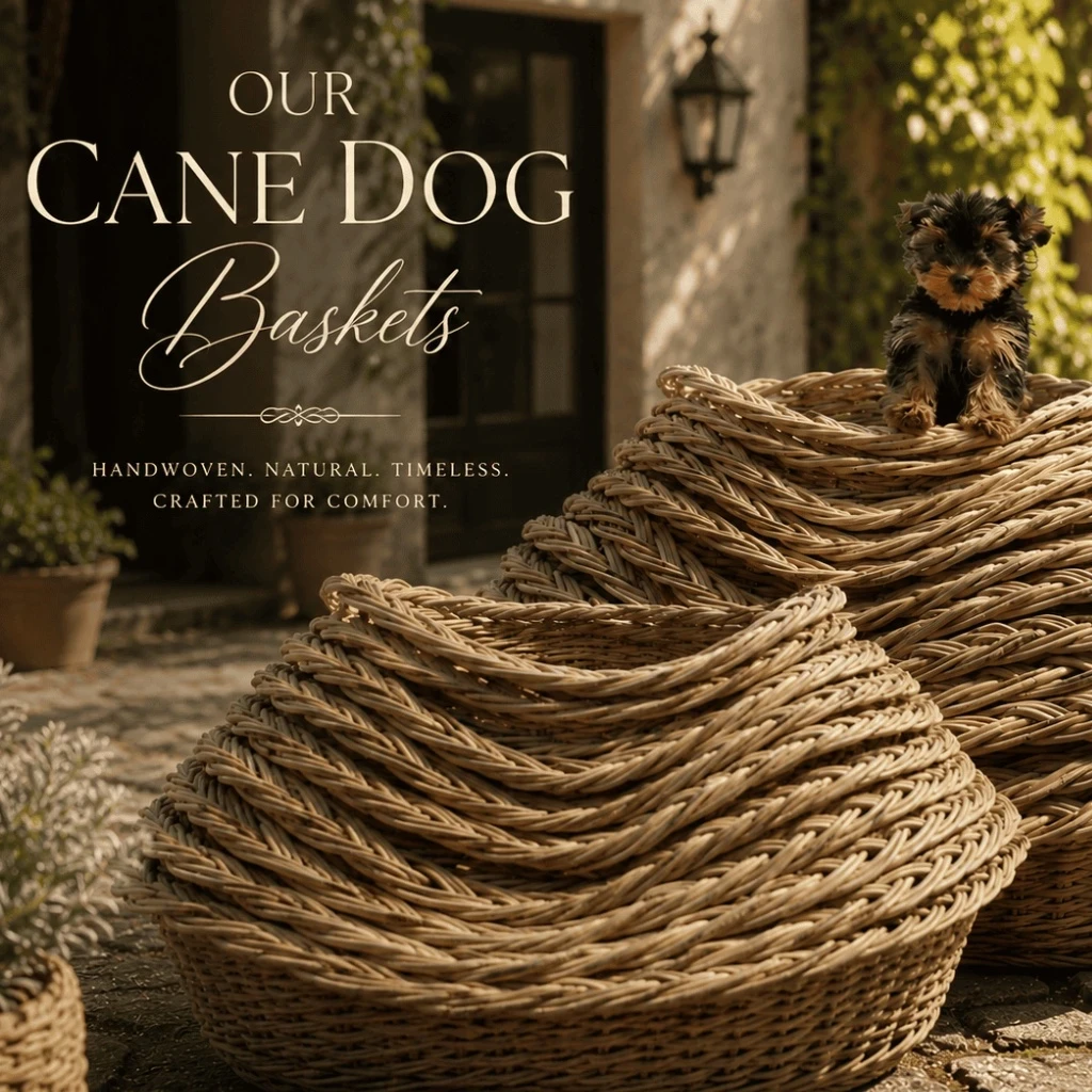 Natural handwoven cane dog basket with a sleeping puppy, styled in a cozy living room beside a fireplace. Rustic rattan pet bed with soft navy cushion, handcrafted in South Africa by Rattan Homecraft.