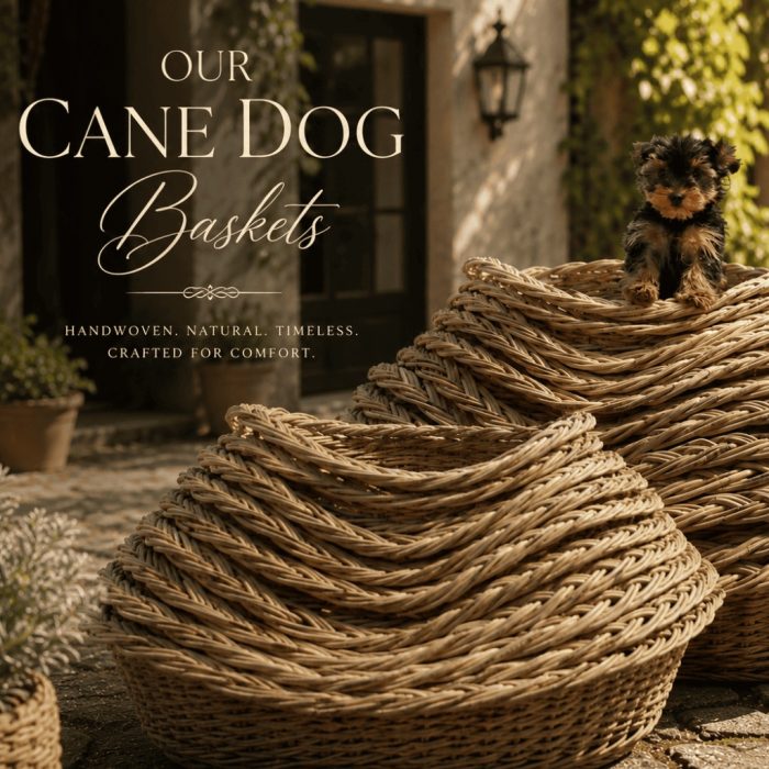 Natural handwoven cane dog basket with a sleeping puppy, styled in a cozy living room beside a fireplace. Rustic rattan pet bed with soft navy cushion, handcrafted in South Africa by Rattan Homecraft.