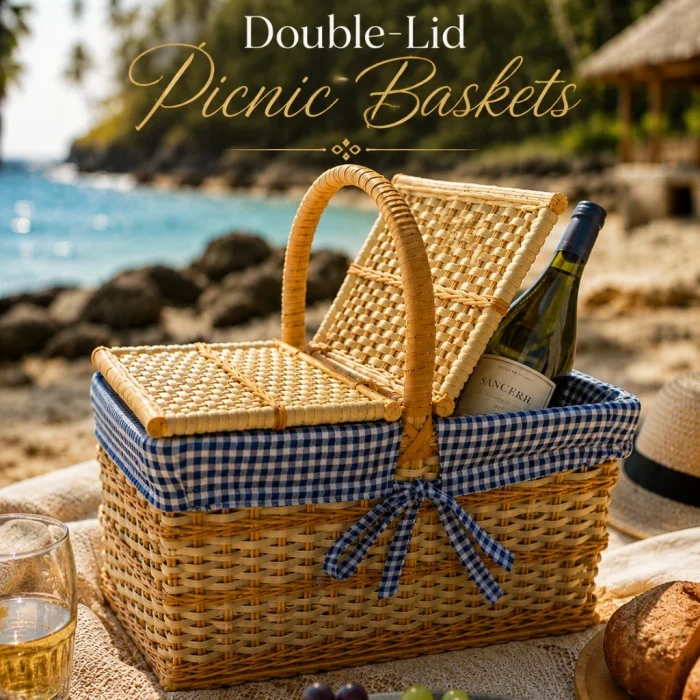 Handcrafted double-lid picnic basket with blue and white gingham lining and woven cane finish