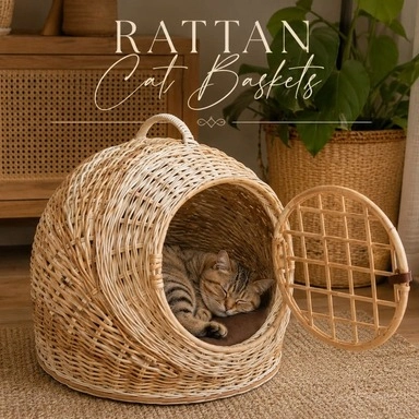 Natural cane cat basket with open woven door and soft resting space for cats in a stylish indoor setting.