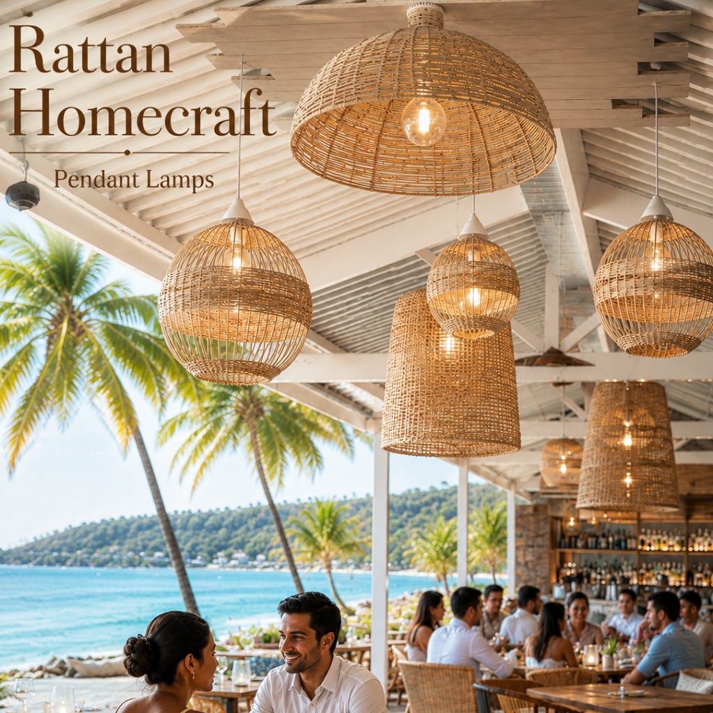 Luxury tropical beachfront restaurant featuring a curated collection of handcrafted rattan pendant lampshades creating a warm, inviting coastal atmosphere. The layered wicker lighting adds natural texture, ambient golden glow, and relaxed island elegance to the open-air dining space overlooking palm trees and the ocean.