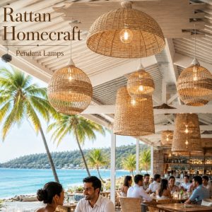 Luxury tropical beachfront restaurant featuring a curated collection of handcrafted rattan pendant lampshades creating a warm, inviting coastal atmosphere. The layered wicker lighting adds natural texture, ambient golden glow, and relaxed island elegance to the open-air dining space overlooking palm trees and the ocean.