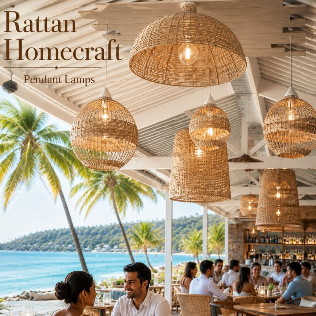 Luxury tropical beachfront restaurant featuring a curated collection of handcrafted rattan pendant lampshades creating a warm, inviting coastal atmosphere. The layered wicker lighting adds natural texture, ambient golden glow, and relaxed island elegance to the open-air dining space overlooking palm trees and the ocean.