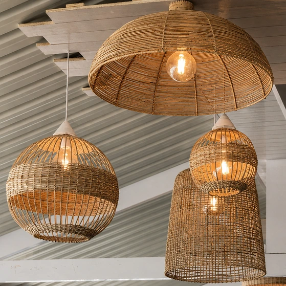 Handwoven cane pendant lamps