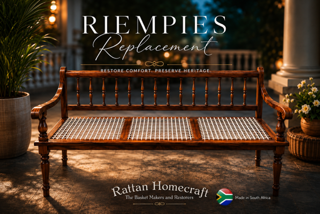 Restored wooden riempies bench with precise woven seating in a luxury verandah setting.
