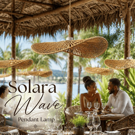 Solara Wave pendant lampshade handcrafted in natural cane with sculptural flowing design and warm ambient lightin