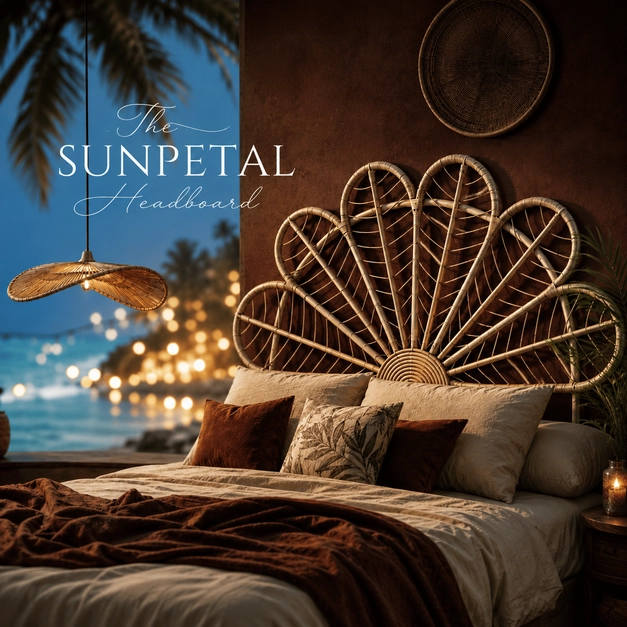 The Sunpetal Headboard styled in a luxury bedroom setting with handcrafted woven detail