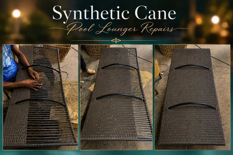 Luxury synthetic cane pool lounger repair process showing detailed hand weaving restoration from damaged framework to fully completed woven finish with premium craftsmanship and modern outdoor styling.