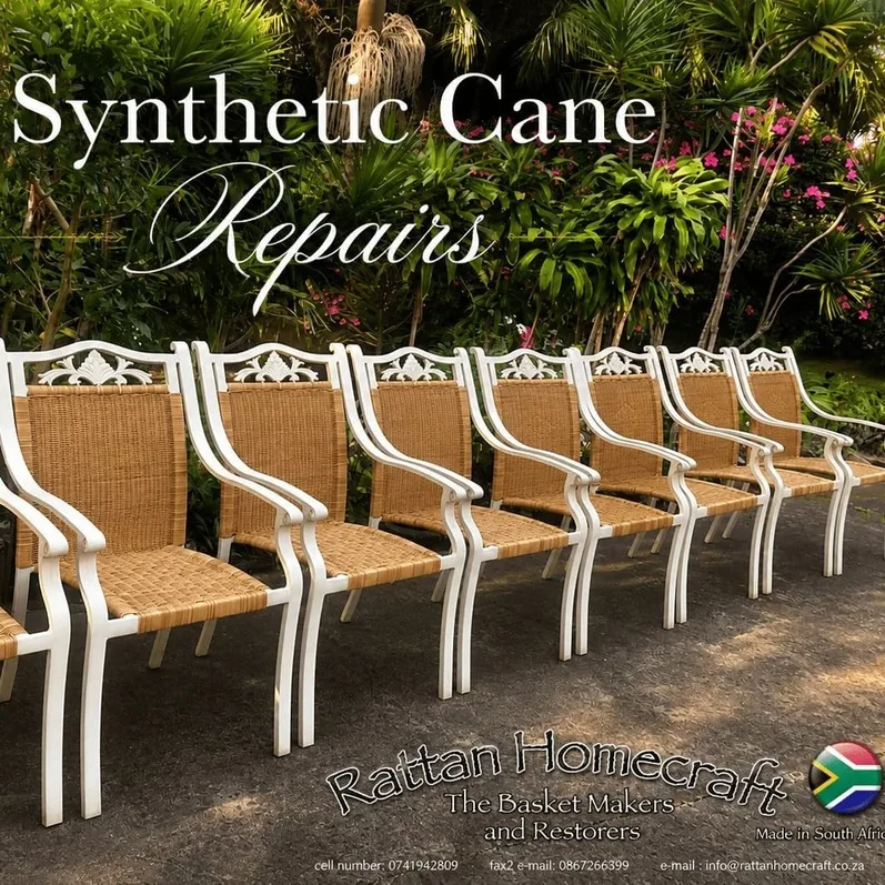 Complete synthetic cane chair reweave restoration featuring fully refurbished outdoor dining chairs with new woven synthetic cane detailing, refreshed frames, and expert handcrafted repair workmanship in a tropical garden setting.