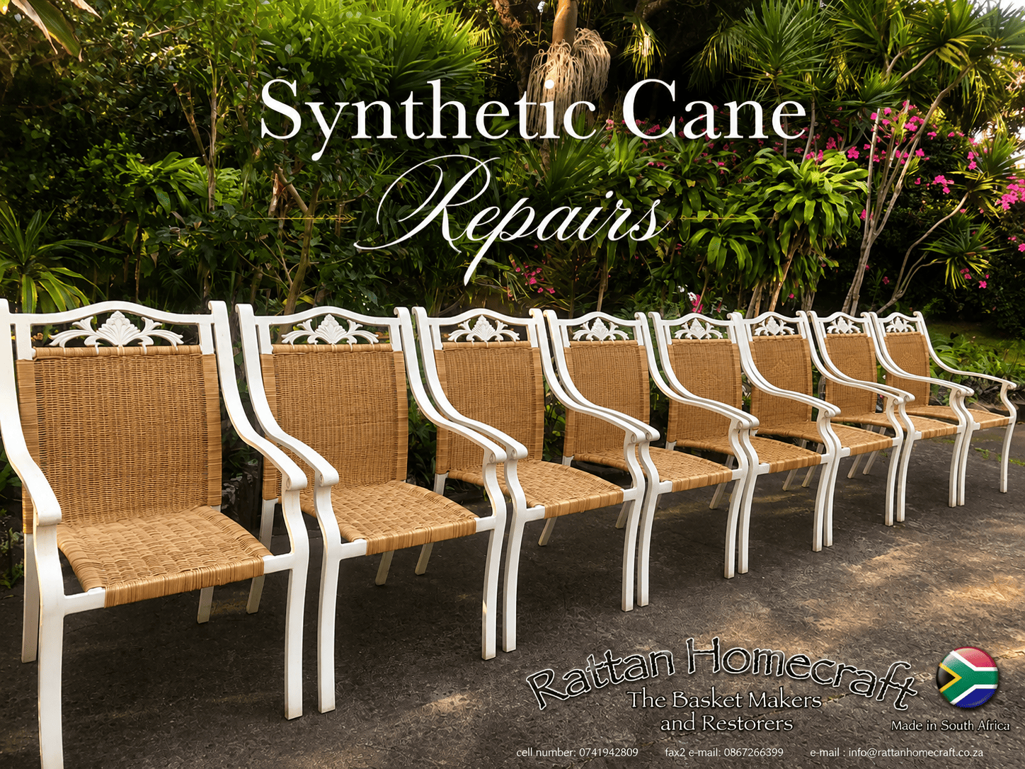 Complete synthetic cane chair reweave restoration featuring fully refurbished outdoor dining chairs with new woven synthetic cane detailing, refreshed frames, and expert handcrafted repair workmanship in a tropical garden setting.