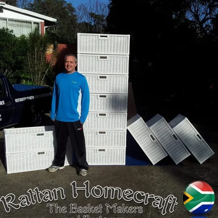 Handwoven white synthetic cane drawer units by Rattan Homecraft displayed outdoors – custom woven storage drawers made in South Africa