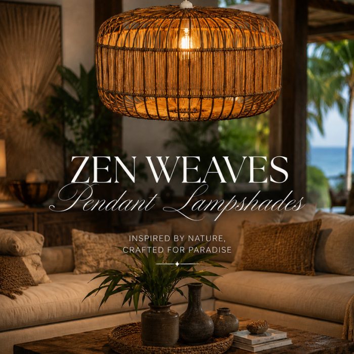 Pendant lampshade with handcrafted woven cane texture in a warm natural finish suspended in a luxury coastal restaurant