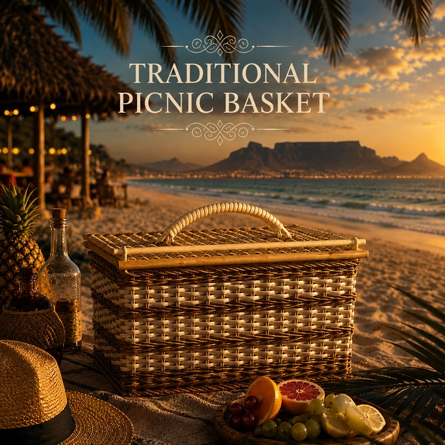 Traditional handcrafted woven picnic basket displayed on a beach at sunset with distant Table Mountain