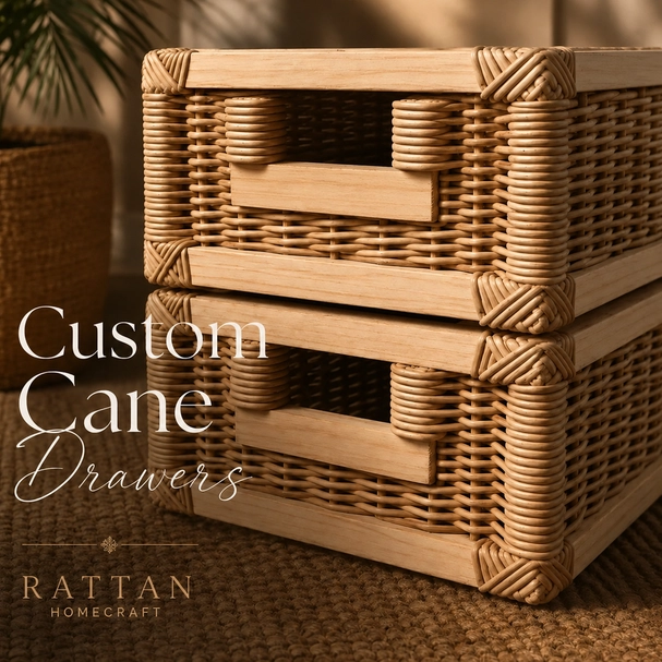 Two handmade custom cane drawers stacked before installation, with natural timber frames and woven rattan panels.