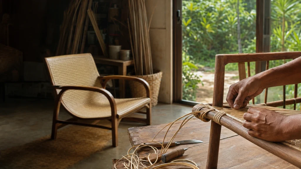 Craftsman hand-weaving a cane chair at the Rattan Homecraft workshop in Ramsgate