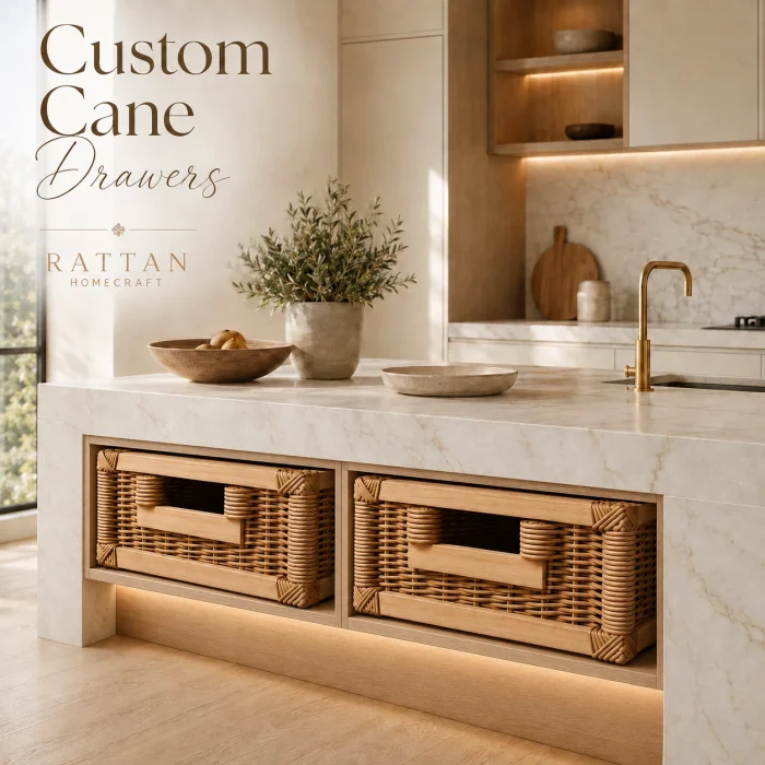 Two custom cane drawers fitted into a light oak kitchen island beneath a white marble countertop.