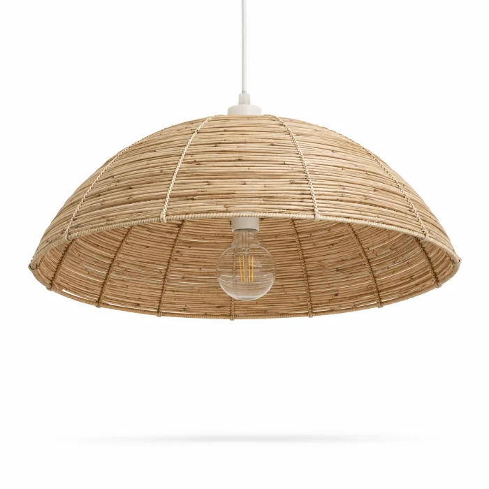 Handwoven Lumina Weaves cane pendant lampshade with exposed bulb