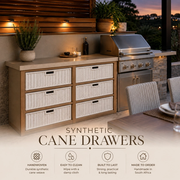 White synthetic cane drawers in an upmarket outdoor barbecue area