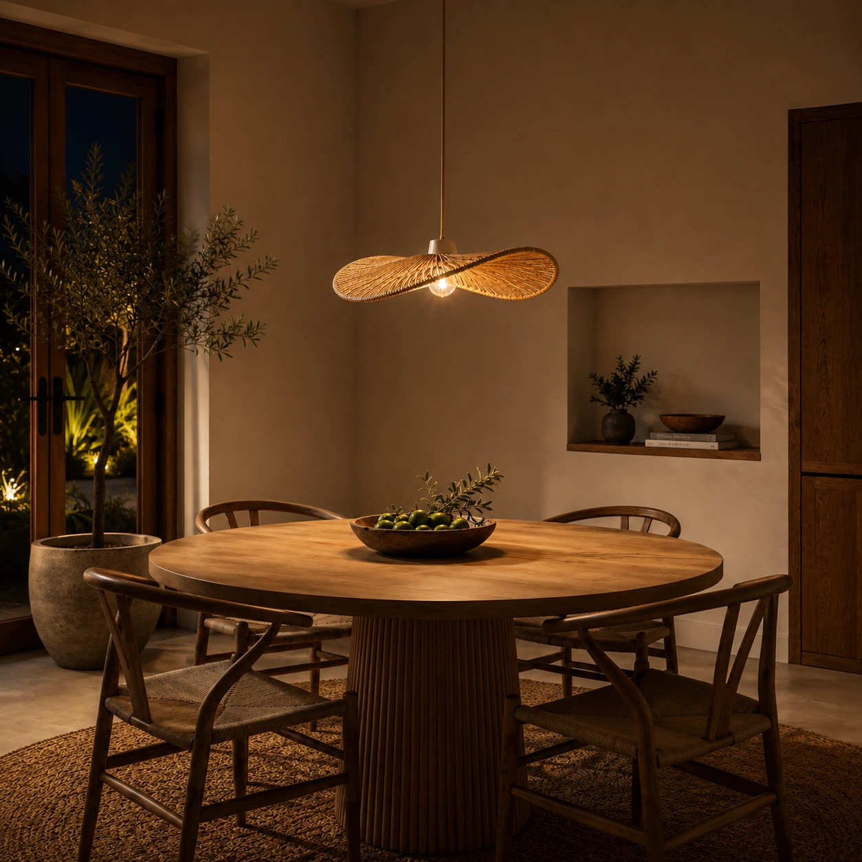 Solara Wave Danish-cord pendant lampshade glowing above a round dining table in a warm modern interior at night