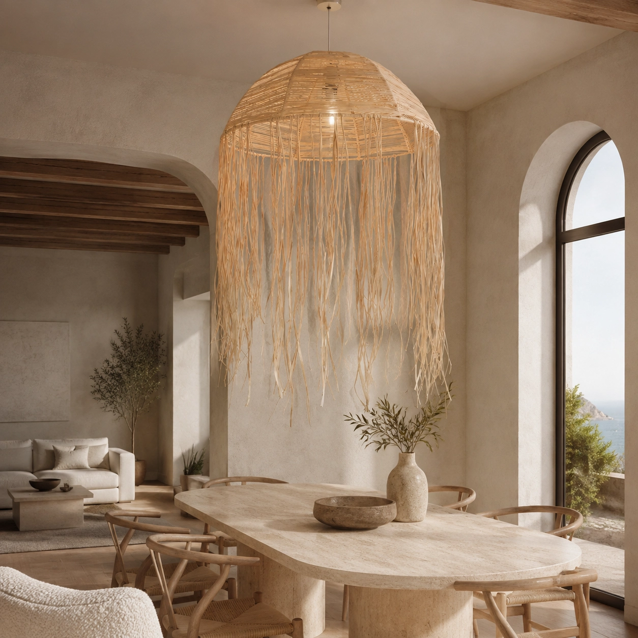 Tropical Cascades woven cane and raffia pendant lampshade in a luxury coastal dining room