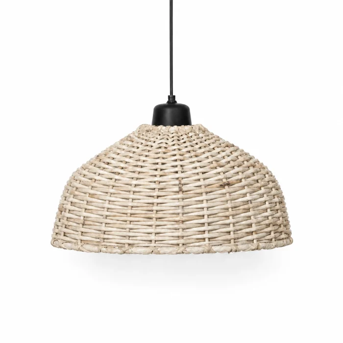 Handmade Sandara Glow pendant lampshade in natural white Palembang cane on a white studio background