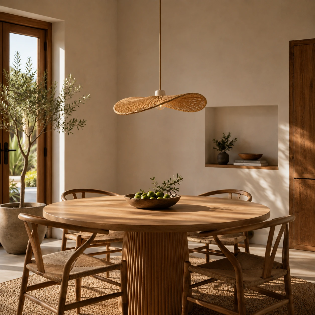 Solara Wave Danish-cord pendant lampshade above a round wooden dining table in a sunlit modern interior