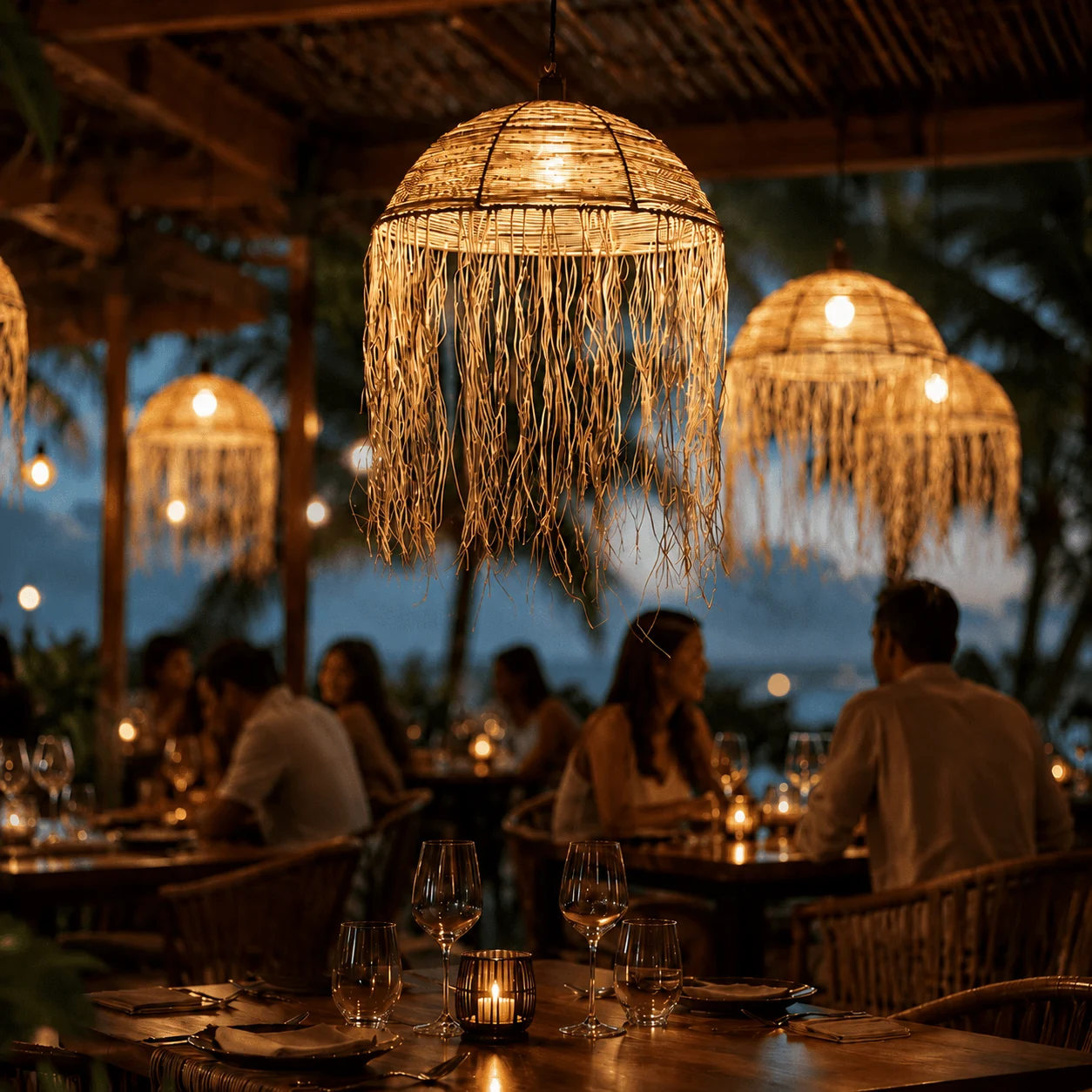 Tropical cascades pendant lamp glowing warmly over a candlelit dining table, rattan-inspired design with soft ambient light.