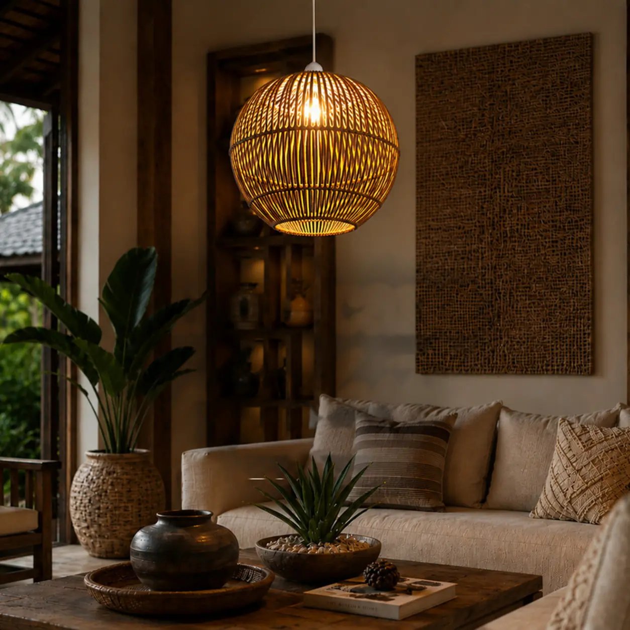 Pendant lamp with handcrafted woven cane texture in a warm natural finish styled in a luxury tropical living interior