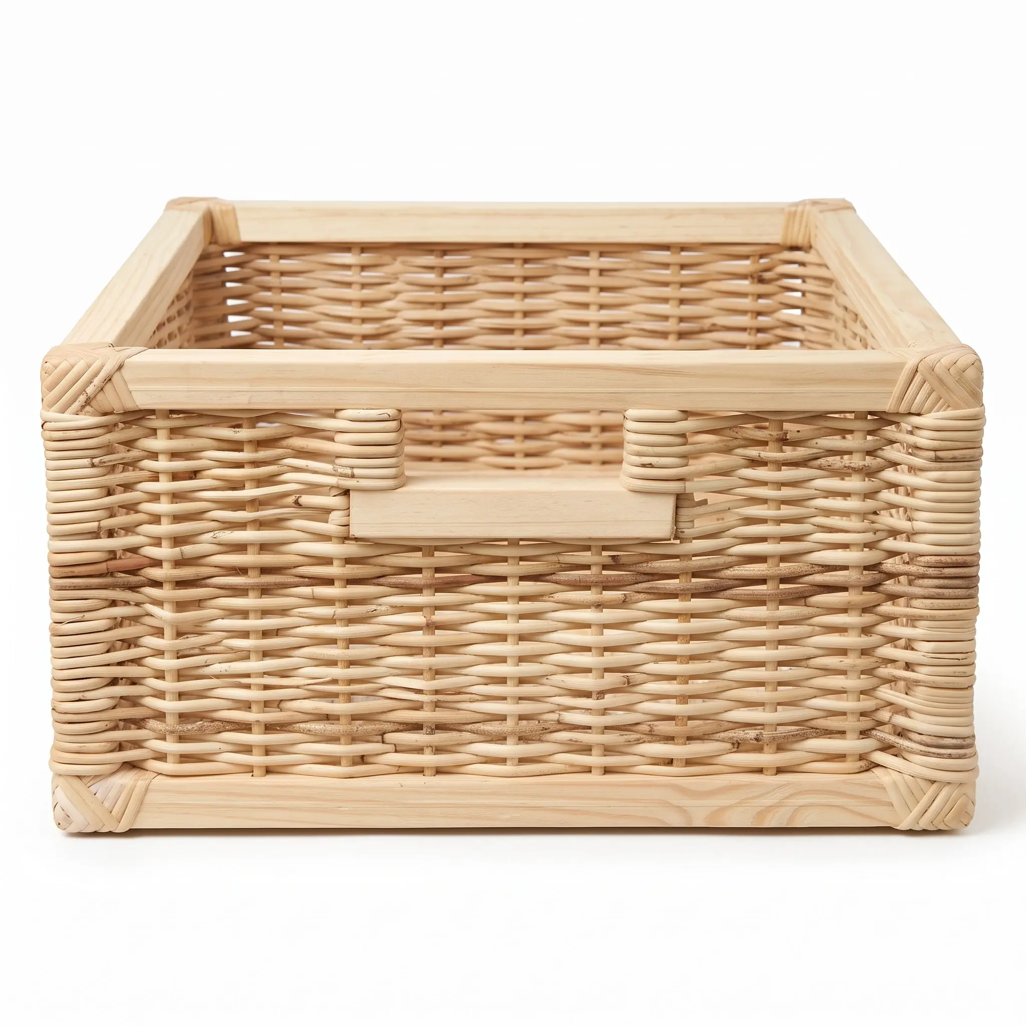 Handwoven custom Palembang cane drawer with a treated pine frame on a white studio background
