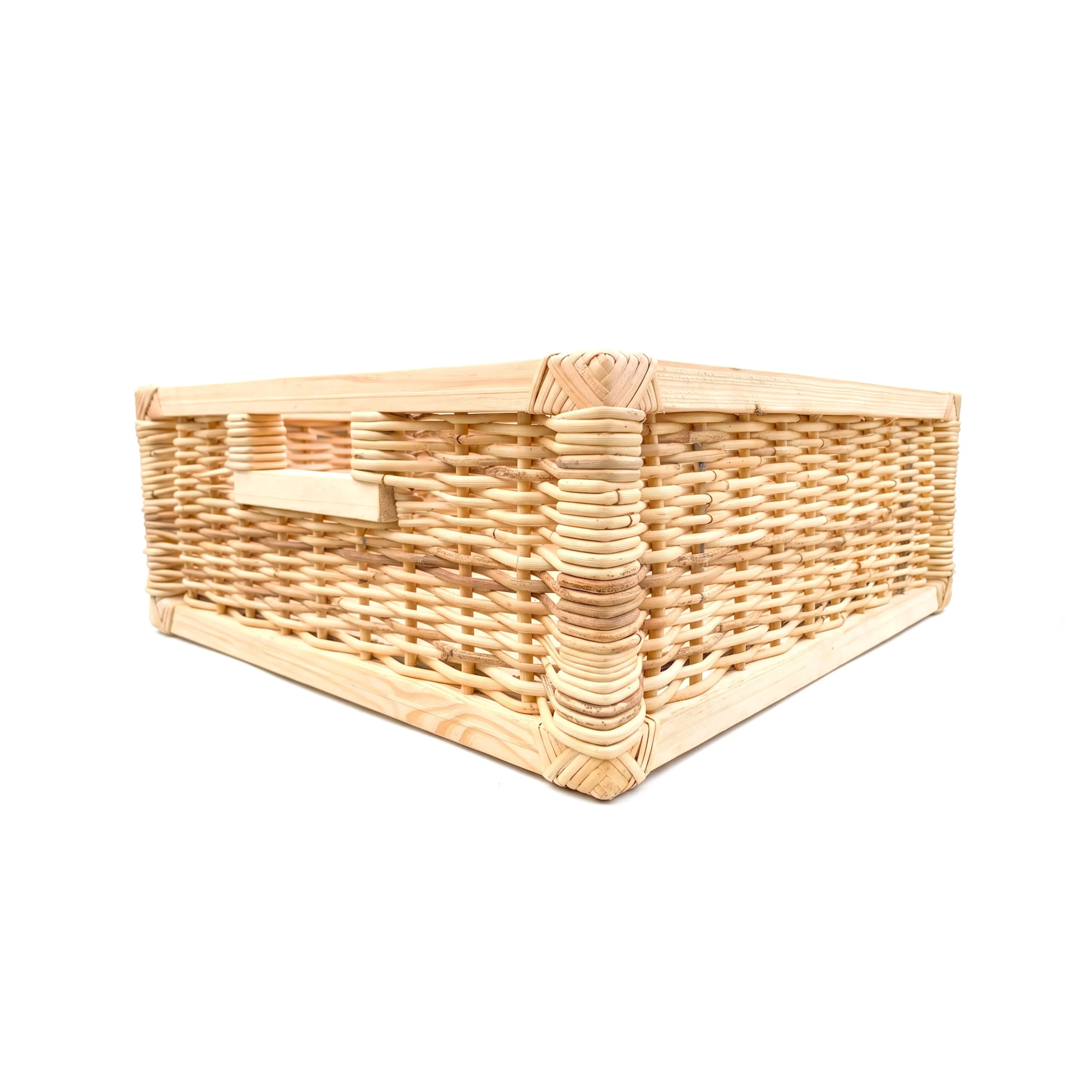 Custom cane drawer shown at a three-quarter angle with natural Palembang cane weave and pale pine frame on a white studio background
