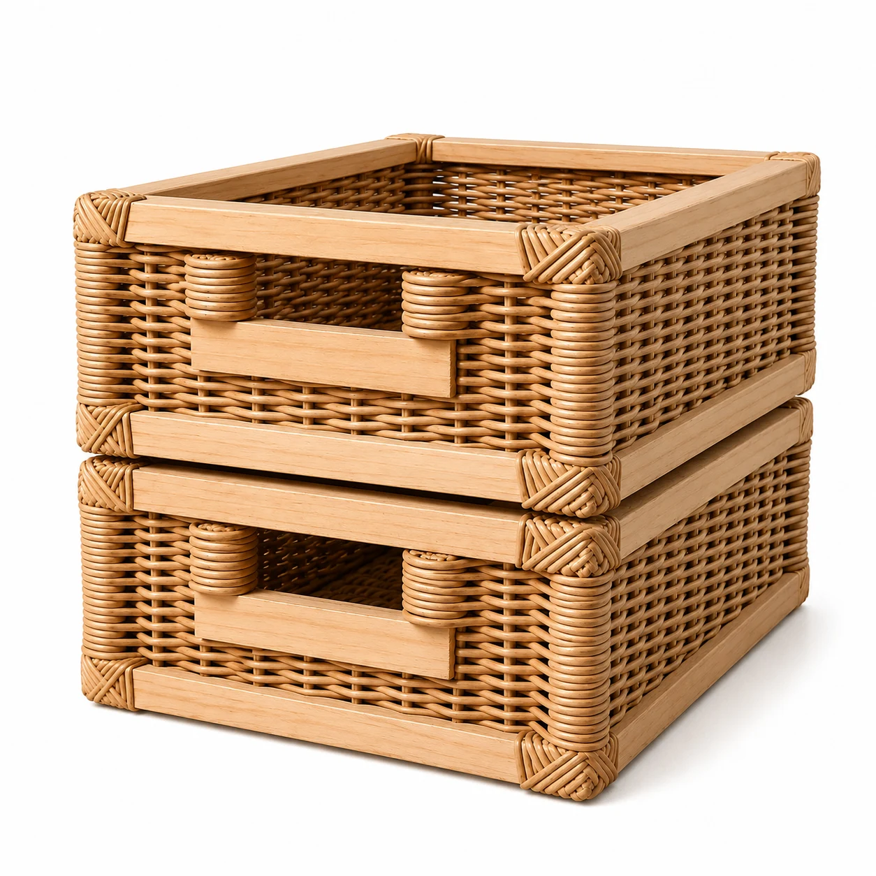 Two stacked custom cane drawers handwoven in natural Palembang cane on a white studio background