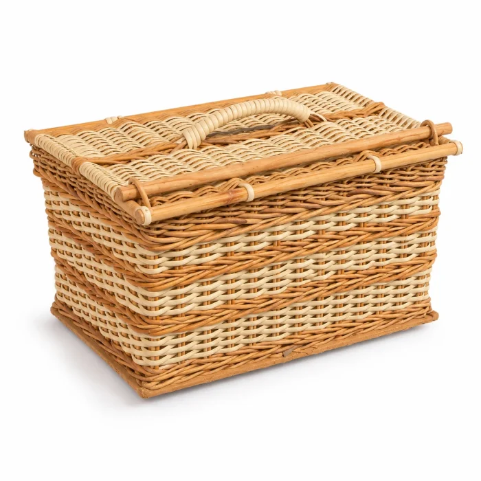Handwoven 2 Man Traditional Picnic Basket in natural Palembang and synthetic cane on a white studio background