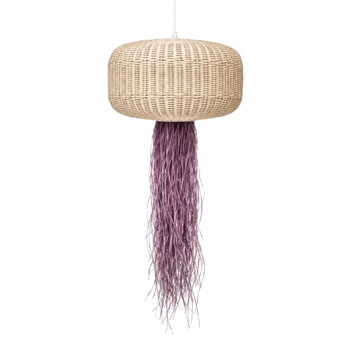 Tranquil Tassels pendant lampshade with woven rattan dome and flowing purple tassel strands, handcrafted artistic lighting