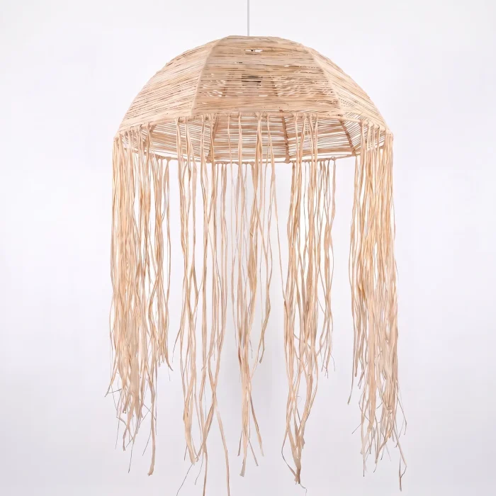 Tropical Cascades pendant lampshade with a woven natural-fibre top and long cascading raffia strands