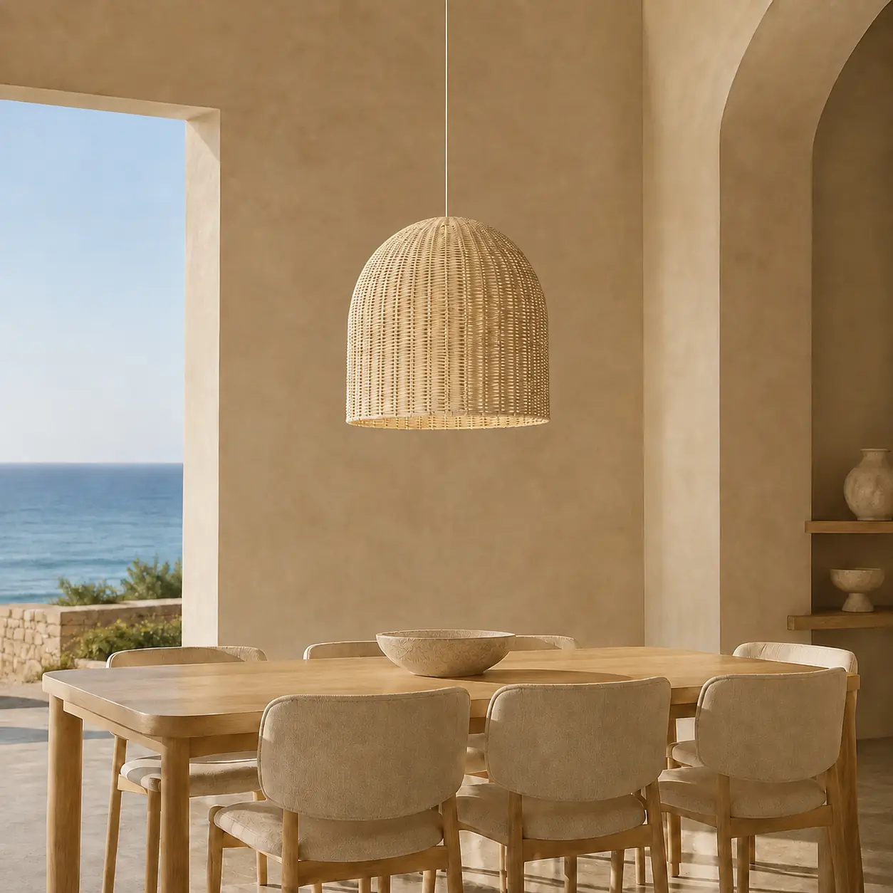 Vintage Vine 55 cm handwoven white Palembang cane pendant lampshade above an oak dining table in a luxury coastal villa
