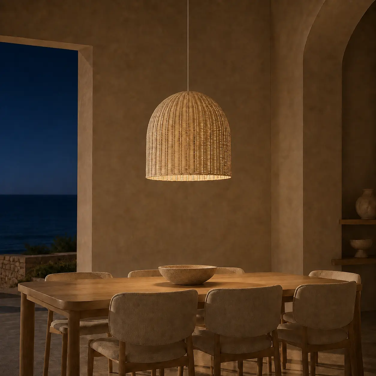 Vintage Vine 55 cm white Palembang cane pendant lampshade glowing above an oak dining table in a coastal villa at night