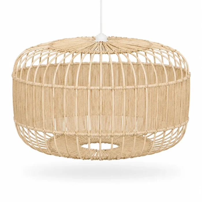 Zen Weaves pendant lampshade handwoven from natural cane and raffia on a white studio background