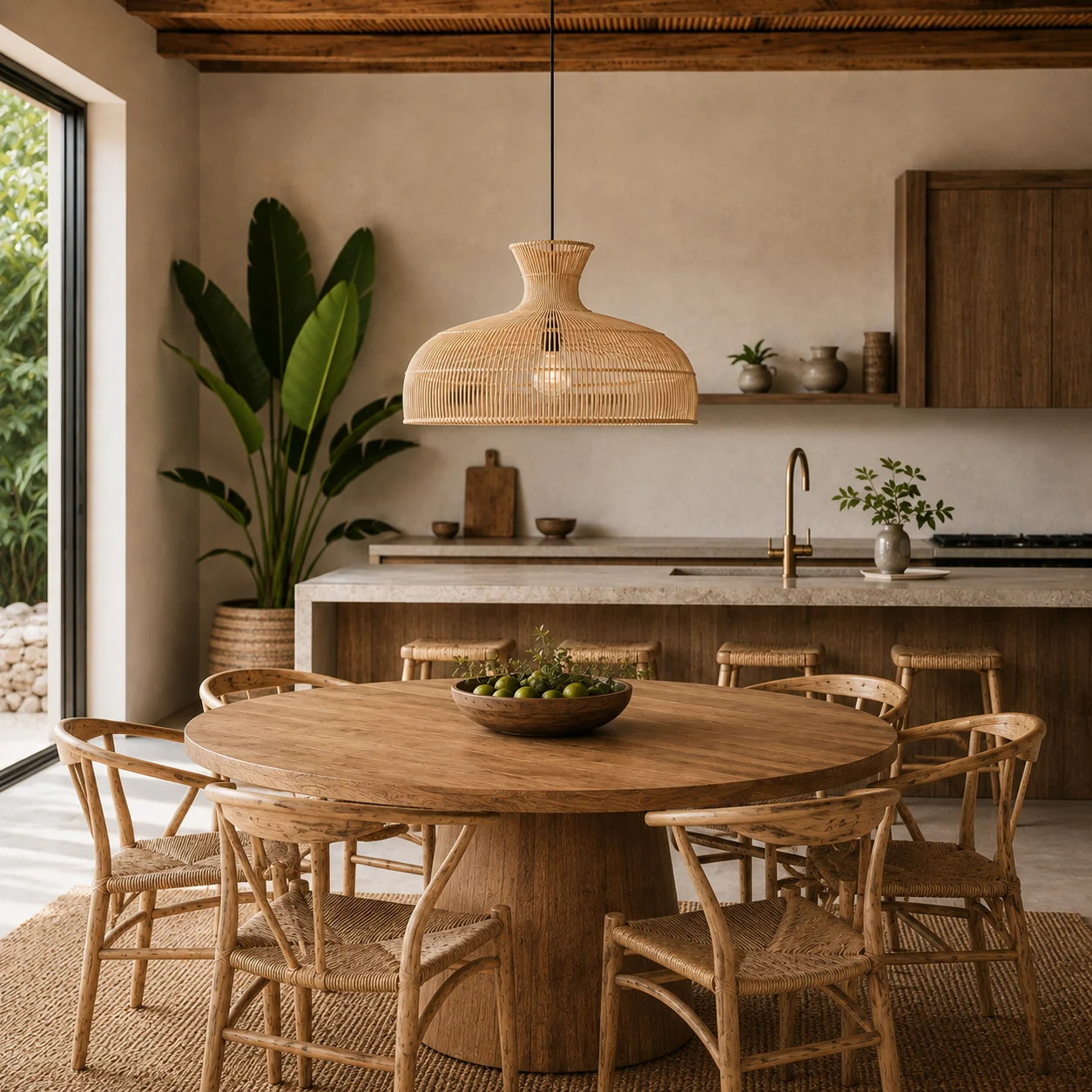 Zululami handmade cane pendant lampshade above a round wooden dining table in a modern coastal interior
