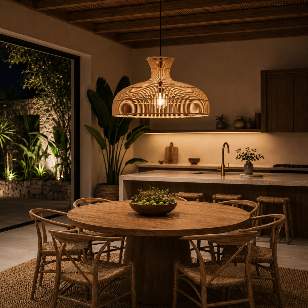 Zululami woven cane pendant lampshade glowing above a round dining table in a modern interior at night
